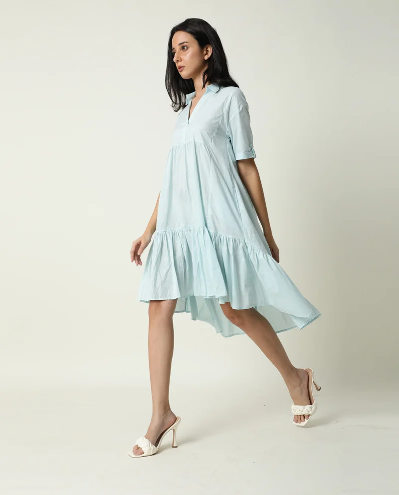 Rareism Women's Collared Glitter Print Tiered Flared Tent Dress