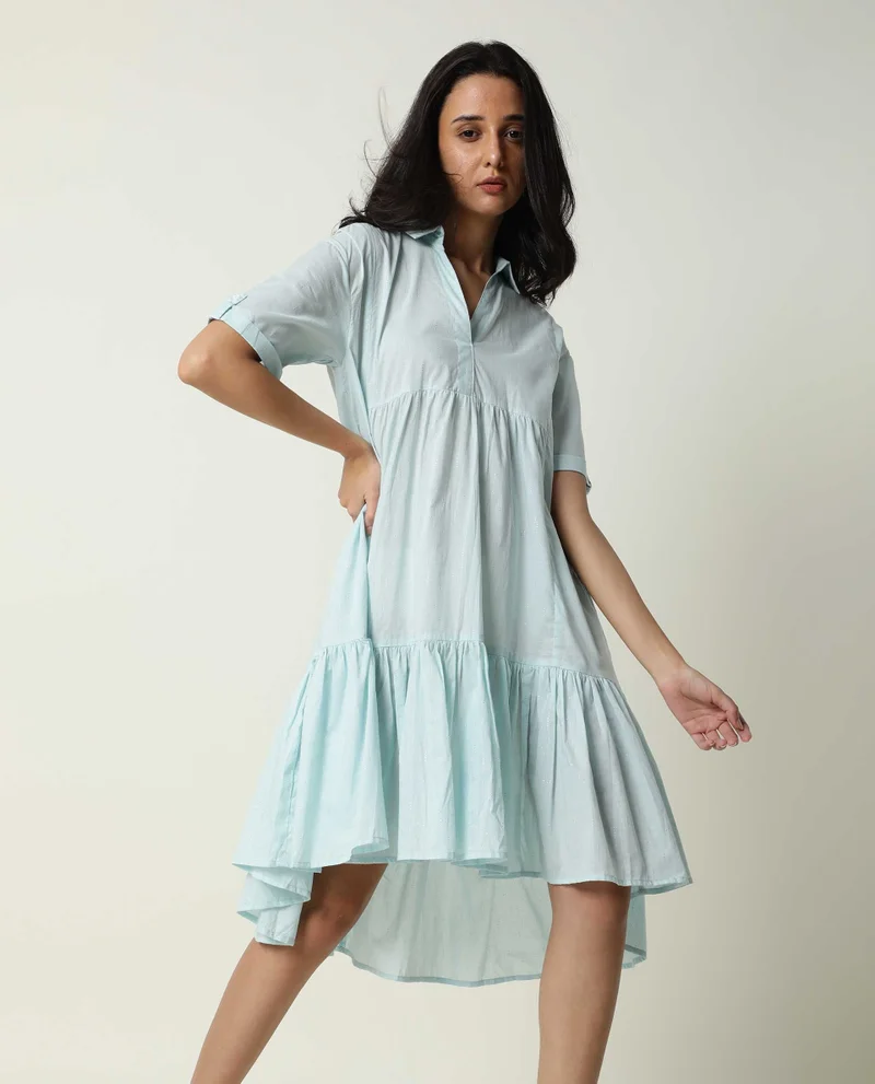 Rareism Women's Collared Glitter Print Tiered Flared Tent Dress