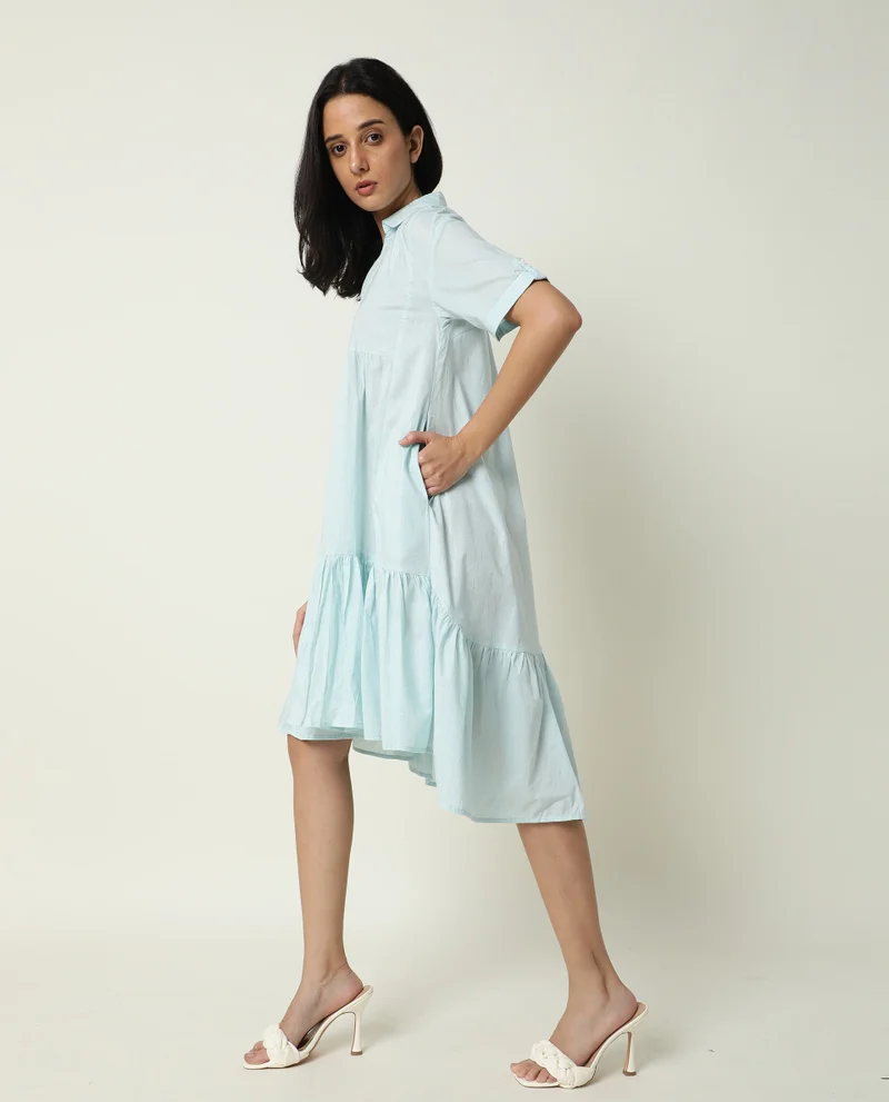Rareism Women's Collared Glitter Print Tiered Flared Tent Dress