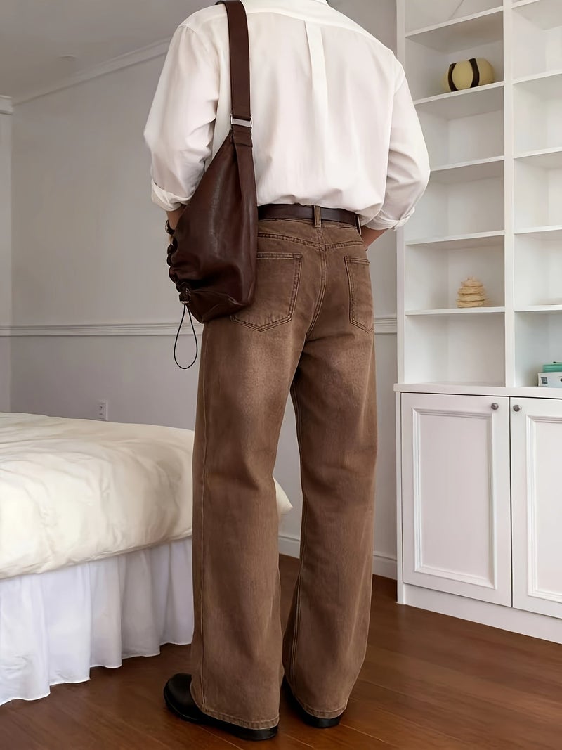 American Vintage Brown Washed Wide-Leg Jeans, High Street Loose Straight-Leg Long Pants, Y2K - Image 5