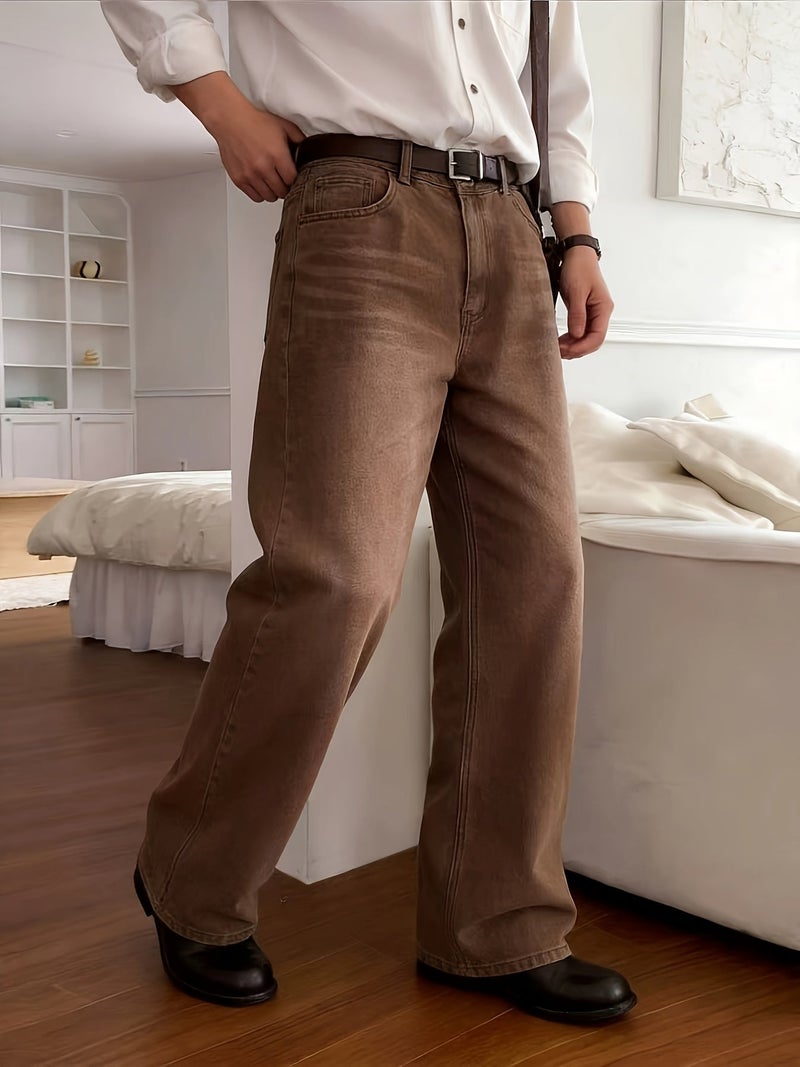 American Vintage Brown Washed Wide-Leg Jeans, High Street Loose Straight-Leg Long Pants, Y2K - Image 3