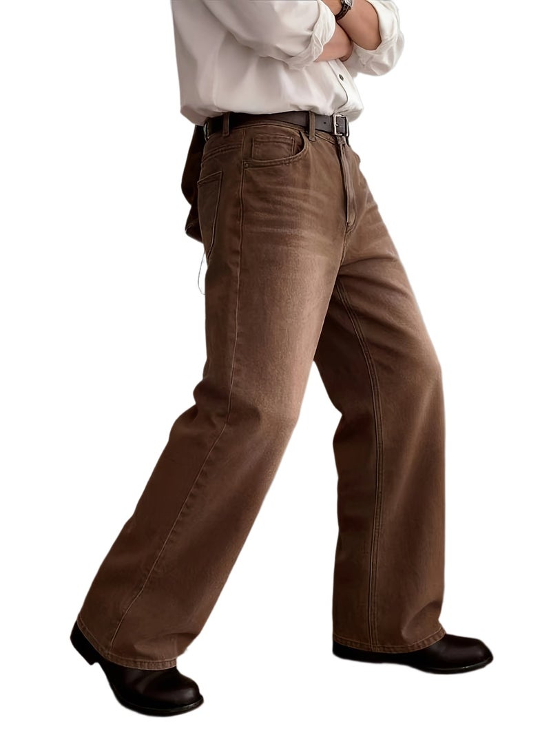 American Vintage Brown Washed Wide-Leg Jeans, High Street Loose Straight-Leg Long Pants, Y2K - Image 1