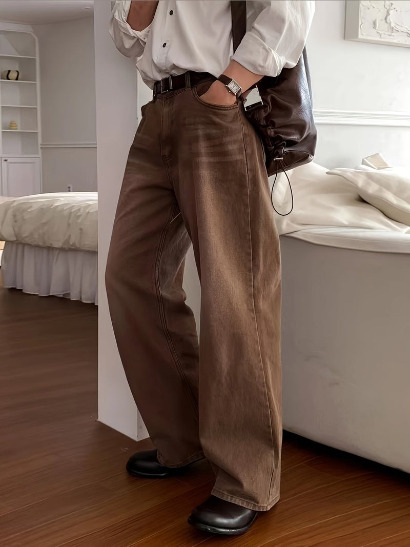 American Vintage Brown Washed Wide-Leg Jeans, High Street Loose Straight-Leg Long Pants, Y2K - Image 4