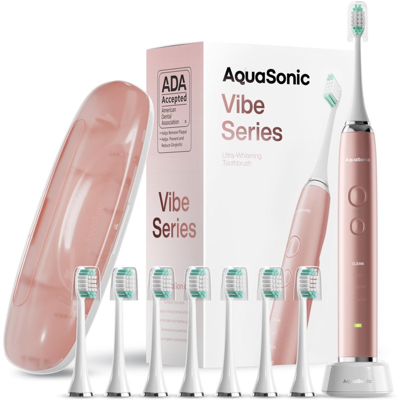 Aquasonic فرشاة أسنان كهربائية فائقة التبييض من سلسلة أكوا سونيك - معتمدة من جمعية طب الأسنان الأمريكية - 8 رؤوس فرشاة وحقيبة سفر - محرك 40,000 اهتزاز في الدقيقة وشحن لاسلكي - 4 أوضاع مع مؤقت ذكي - ذهب وردي ساتان - Image 1