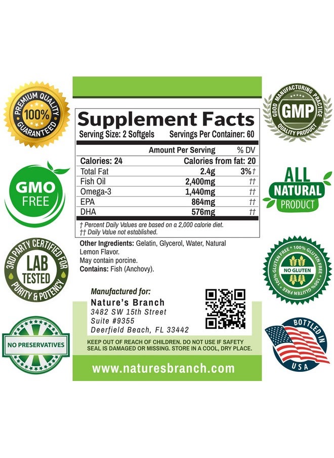 Nature's Branch - Best Triple Strength Omega 3 Fish Oil Pills 2400Mg Burpless High Potency Lemon Flavor 864Mg Epa 576Mg Dha Ultra Pure Liquid Softgels 120 Capsules For Brain Joints Eyes Hair Heart Health Supplement - Image 1