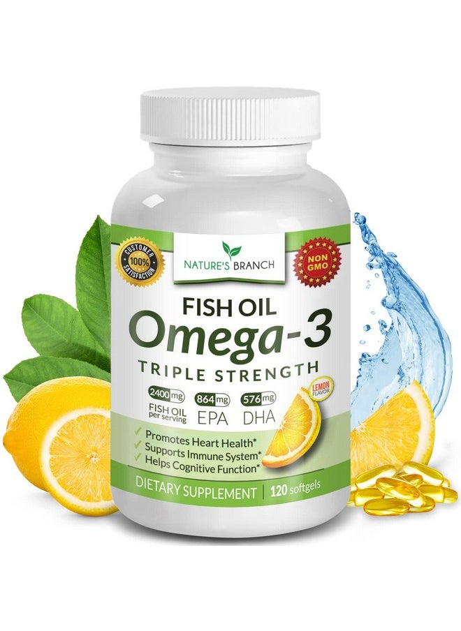 Nature's Branch - Best Triple Strength Omega 3 Fish Oil Pills 2400Mg Burpless High Potency Lemon Flavor 864Mg Epa 576Mg Dha Ultra Pure Liquid Softgels 120 Capsules For Brain Joints Eyes Hair Heart Health Supplement - Image 1