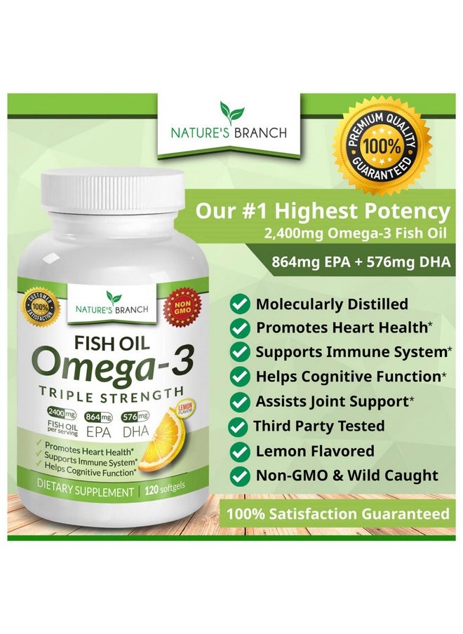 Nature's Branch - Best Triple Strength Omega 3 Fish Oil Pills 2400Mg Burpless High Potency Lemon Flavor 864Mg Epa 576Mg Dha Ultra Pure Liquid Softgels 120 Capsules For Brain Joints Eyes Hair Heart Health Supplement - Image 1