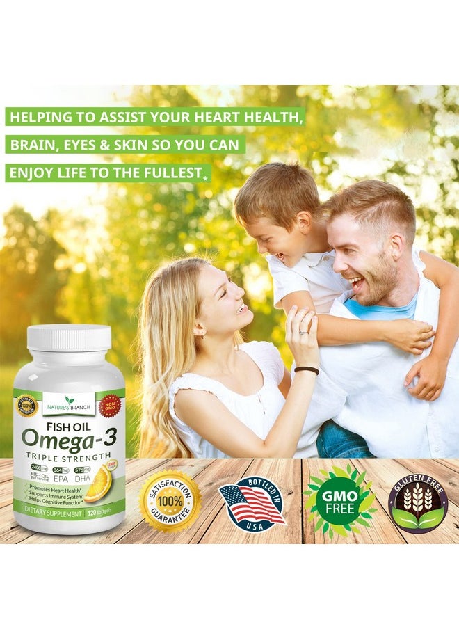 Nature's Branch - Best Triple Strength Omega 3 Fish Oil Pills 2400Mg Burpless High Potency Lemon Flavor 864Mg Epa 576Mg Dha Ultra Pure Liquid Softgels 120 Capsules For Brain Joints Eyes Hair Heart Health Supplement - Image 1