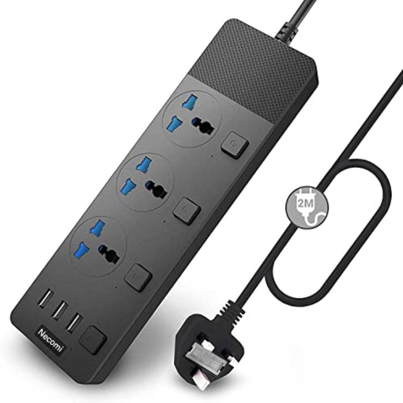 Extension Lead with 3 USB Slots 2 Meter Cable Cord Power Strip, 3 Way Universal Socket Smart Charging Station Hub, Individually Switched, Surge Protected, Wall Mount UK Plug - Image 1