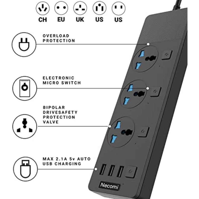 Extension Lead with 3 USB Slots 2 Meter Cable Cord Power Strip, 3 Way Universal Socket Smart Charging Station Hub, Individually Switched, Surge Protected, Wall Mount UK Plug - Image 3