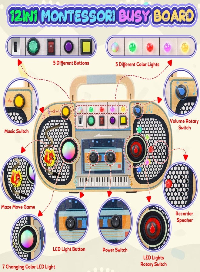 ANSEE Busy Board Montessori Toys for Toddlers, Wooden Sensory Toys with LED Light, Switches, Music, Labyrinth, Adjust Volume, 2 DIY Stickers, Learning Travel Toys for 1+ Year Old - Image 3