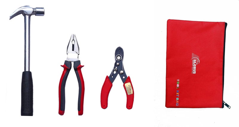 GLOBUS 803 Home Hand Tool KIT Pack of 3 PCS (8" PLIER, 1/2 LBS Hammer, 6" Wire Stripper) with Tool KIT Bag - Image 1