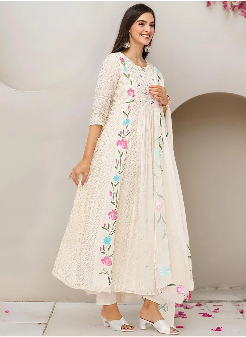 آي شين Women's Off White 100% Cotton Embellished Tunic Full Length Casual Straight Fit Kurta Set