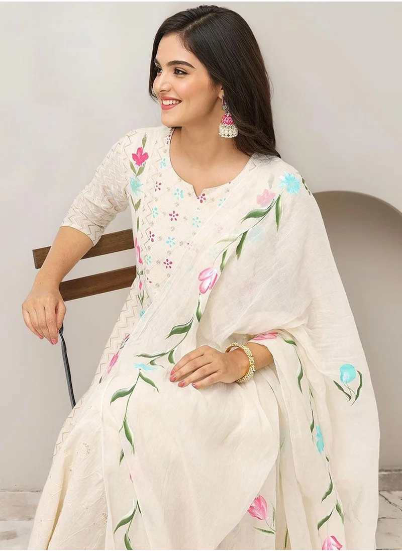 آي شين Women's Off White 100% Cotton Embellished Tunic Full Length Casual Straight Fit Kurta Set