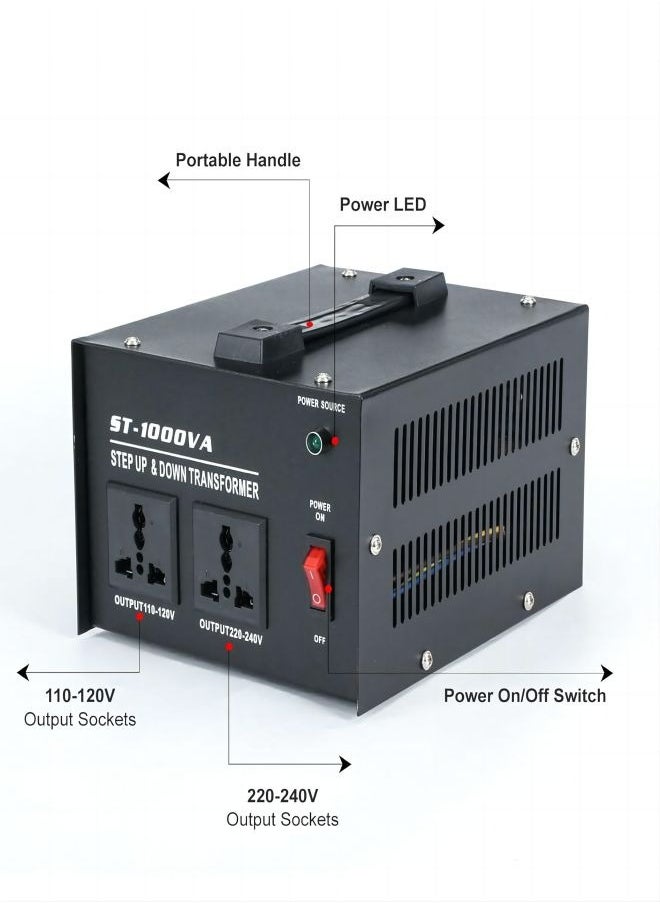 MiOne - ST 1000W Voltage Converter Transformer 110V/120V/220V/240V Power Converter Step Up/Down Transformer Converter, with Resettable Circuit Breaker Protection Universal Socket Household Compact - Image 1