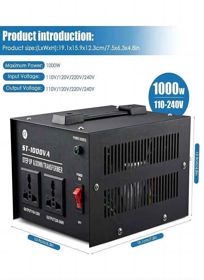 MiOne - ST 1000W Voltage Converter Transformer 110V/120V/220V/240V Power Converter Step Up/Down Transformer Converter, with Resettable Circuit Breaker Protection Universal Socket Household Compact - Image 1