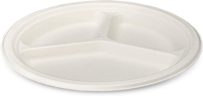 Comfy Package [9 Inch - 125 Pack 100% Compostable 3 Compartment Paper Plates  White Heavy-Duty Divided Plates  Disposable Biodegradable Plates - Image 2