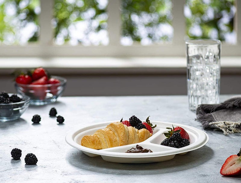 Comfy Package [9 Inch - 125 Pack 100% Compostable 3 Compartment Paper Plates  White Heavy-Duty Divided Plates  Disposable Biodegradable Plates - Image 3