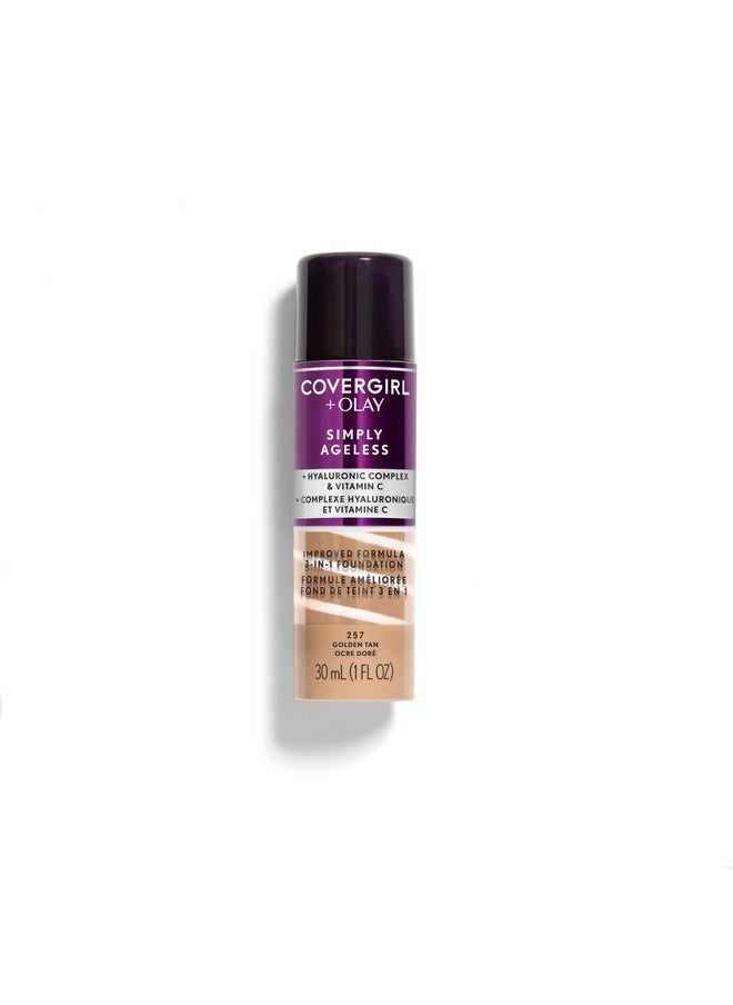 كفر جيرل كريم أساس سائل 3 في 1 من CoverGirl & Olay Simply Ageless، لمسة نهائية غير لامعة، تركيبة حمض الهيالورونيك وفيتامين سي، خالٍ من القسوة، لون تان ذهبي، عدد 1  - Image 1