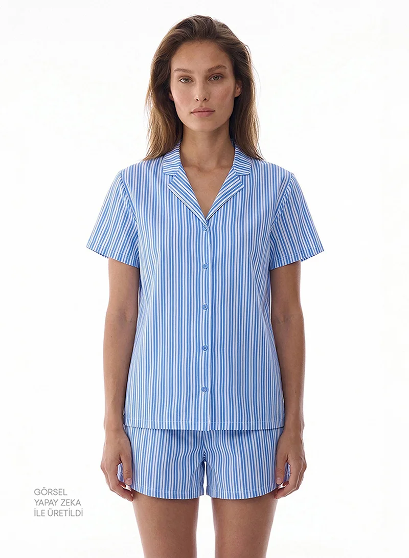 Penti Penti Women's Cotton Lounge Blue Stripes Shirt & Shorts Set - Blue