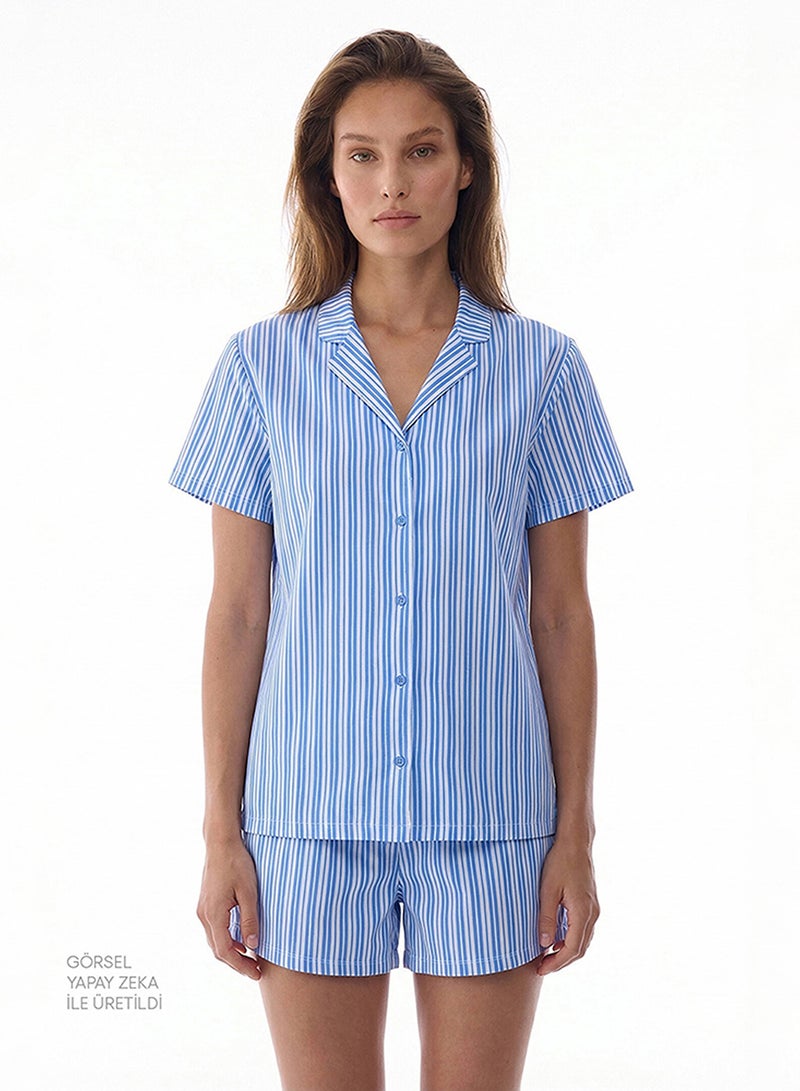 Penti Women's Cotton Lounge Blue Stripes Shirt & Shorts Set - Blue - Image 2