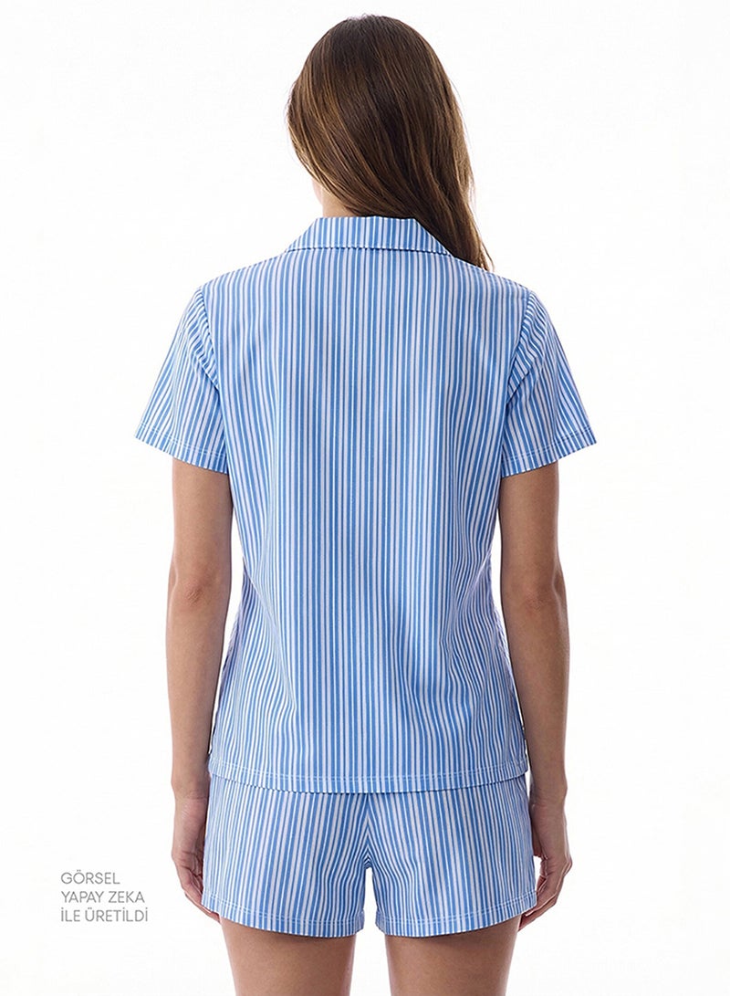 Penti Women's Cotton Lounge Blue Stripes Shirt & Shorts Set - Blue - Image 3