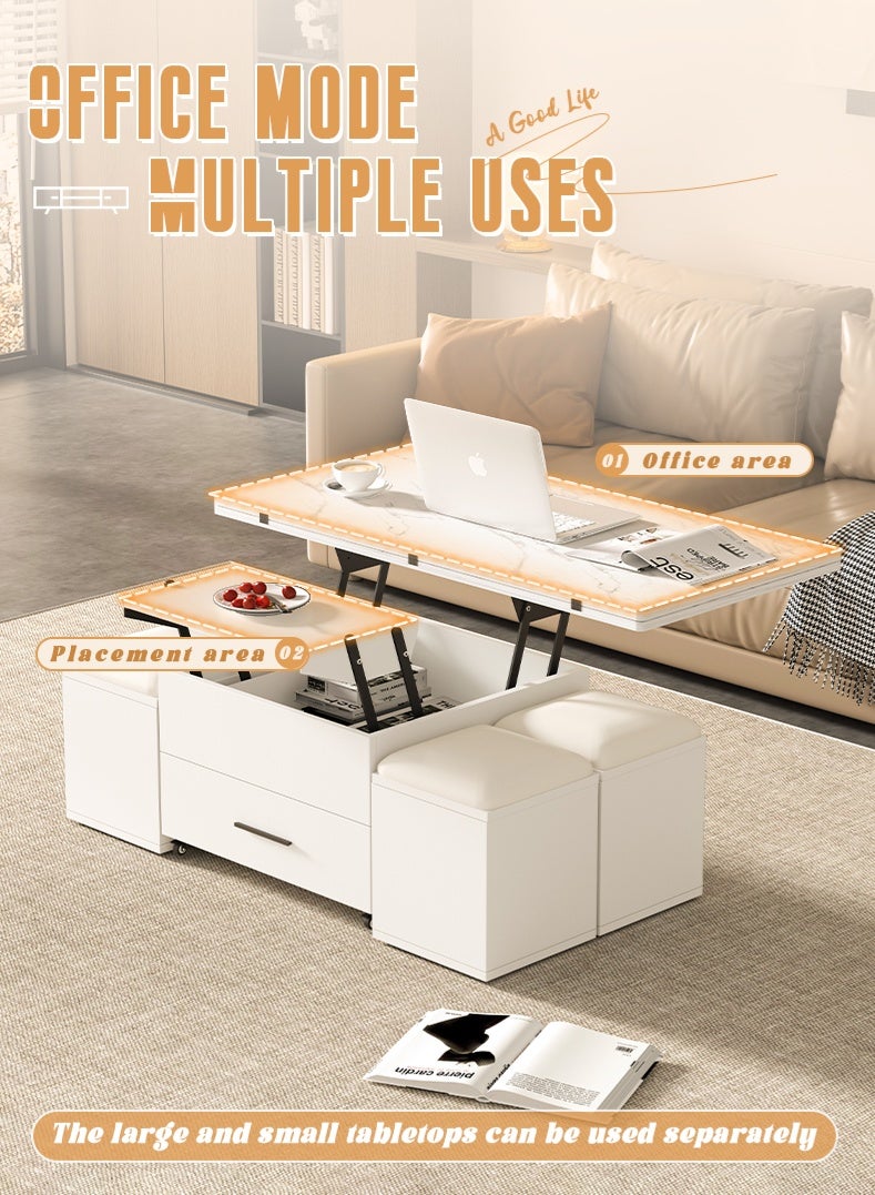 Zeno Lift-Top Coffee Table with 4 Stools,Modern Space Saving Center Table, Multi-Functional Adjustable Coffee Table with Hidden Storage Compartment - Image 3