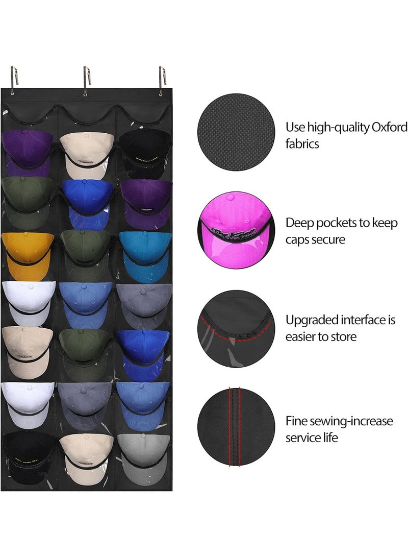 PTTIMFFM Over Door Hat Organizer with 24 Clear Pockets, Hanging Cap Storage Rack for Baseball Hats, Closet & Wall Mount Hat Holder - Image 2