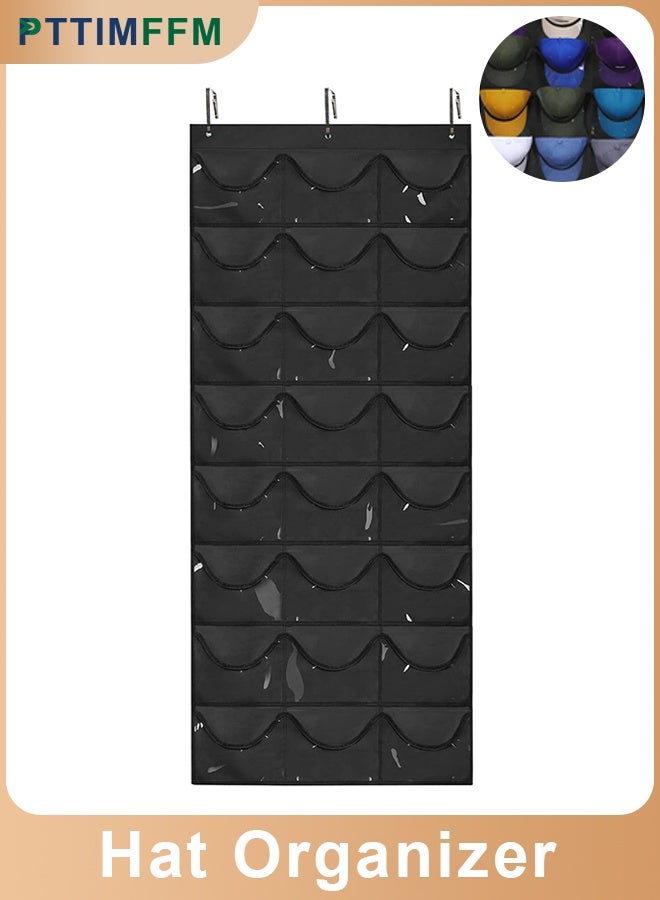 PTTIMFFM Over Door Hat Organizer with 24 Clear Pockets, Hanging Cap Storage Rack for Baseball Hats, Closet & Wall Mount Hat Holder - Image 1