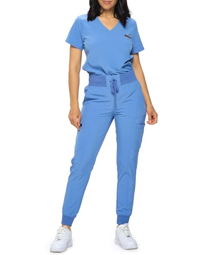 Monarch Uniforms Slim Fit Stretchy Scrubs Women's Jogger Scrub Set Slim Jogger Scrubs with Tuck-In Top for Women (CEIL BLUE-XL) - Image 1