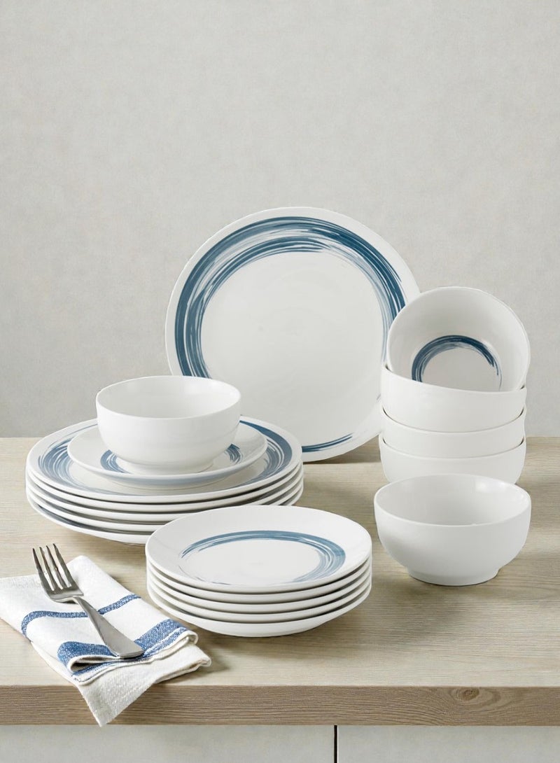 Noon East 18 piece Porcelain Dinnerware Set, Set for 6, Microwave & Dishwasher Safe, Blue & White - Image 1