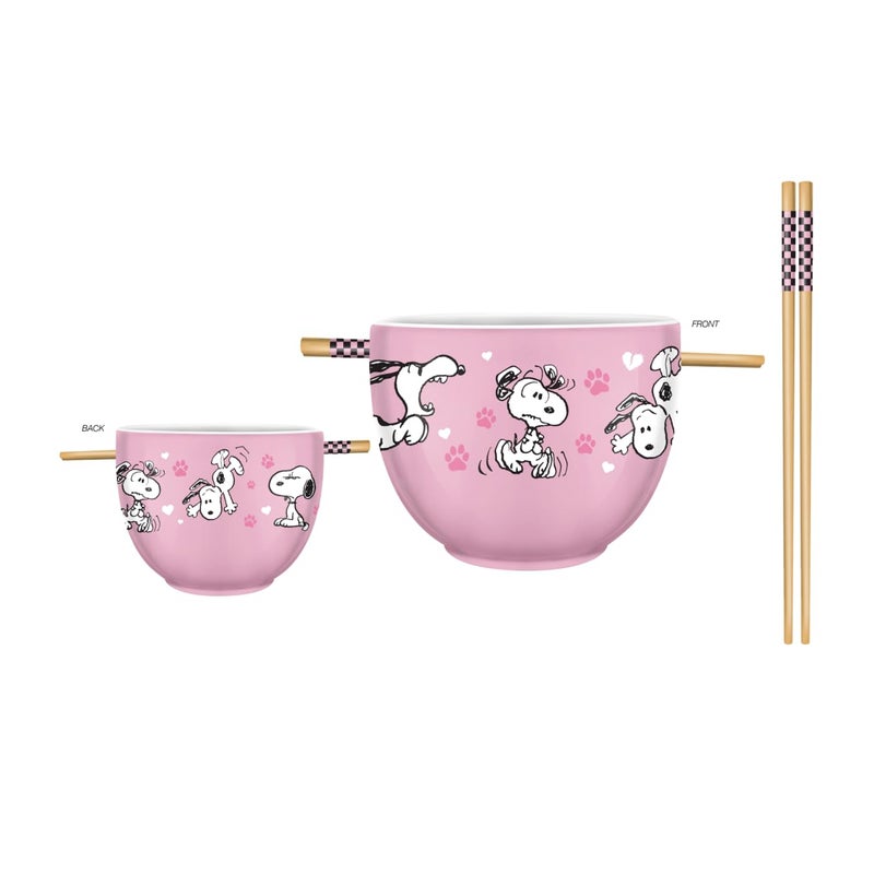 Silver Buffalo Peanuts Snoopy Poses Puppy Love Ceramic Ramen Noodle Rice Bowl with Chopsticks, Microwave Safe, 20 Ounces