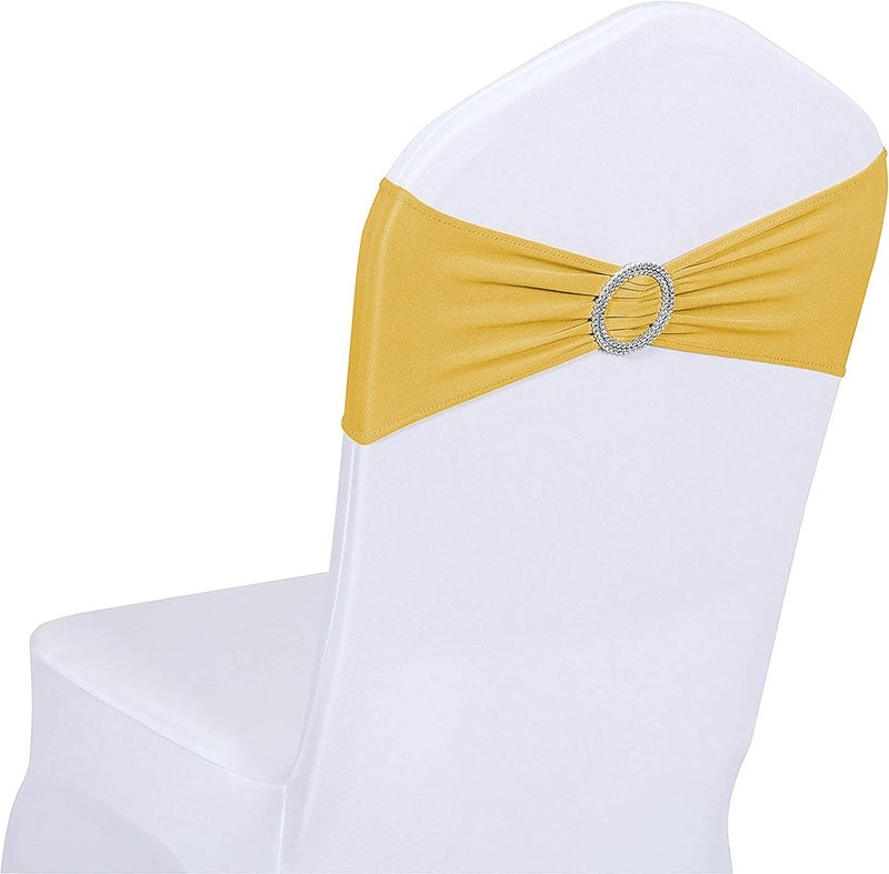 Obstal 50 PCS Spandex Stretch Chair Sashes Bows for Wedding Reception- Universal Elastic Chair Cover Bands with Buckle Slider for Banquet, Party, Hotel Event Decorations Gold Sashes - Image 1