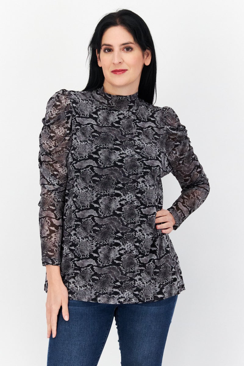 Bar III Women Plus Size Mock Neck Long Sleeve Snakeskin Blouse, Grey Combo - Image 1