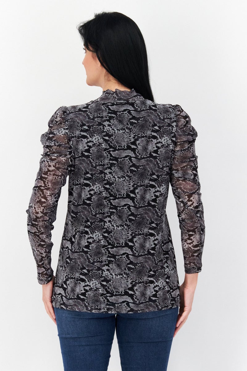 Bar III Women Plus Size Mock Neck Long Sleeve Snakeskin Blouse, Grey Combo - Image 3