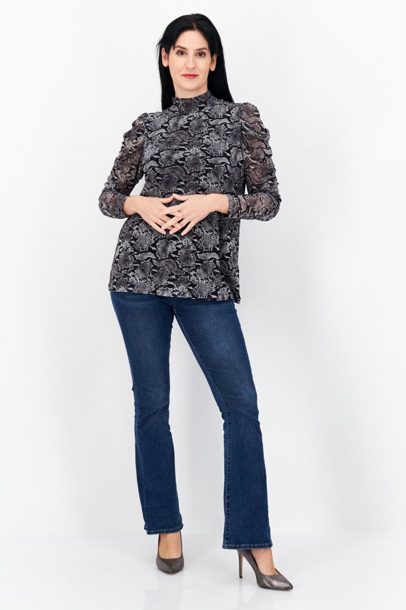 Bar III Women Plus Size Mock Neck Long Sleeve Snakeskin Blouse, Grey Combo - Image 2