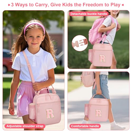 CLOUDWINGS Initial Insulated Lunch Bag for Girls Kids, Back to School Gift, Reusable Leak-proof Lunch Box with Adjustable Strap for School Daycare Travel Picnic (Pink,R) - Image 4