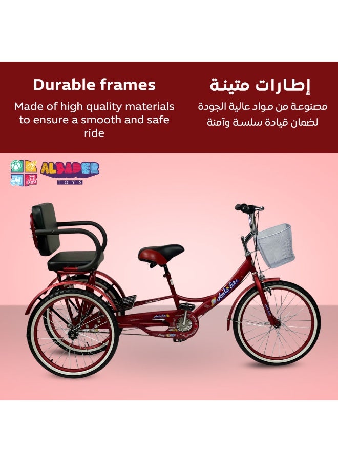 البدر دراجة ثلاثية العجلات 20 بوصة للكبار بمقعد خلفي مبطن ومسند ظهر وذراعين، دراجة 3 عجلات مستقرة للتسوق والتنقل اليومي بسلة أمامية شبكية وسلة خلفية سفلية، إطار معدني فولاذي مقاوم للصدأ مع نظام فرامل يدوي مزدوج وثبات عالي تصميم ريكشو - Image 5