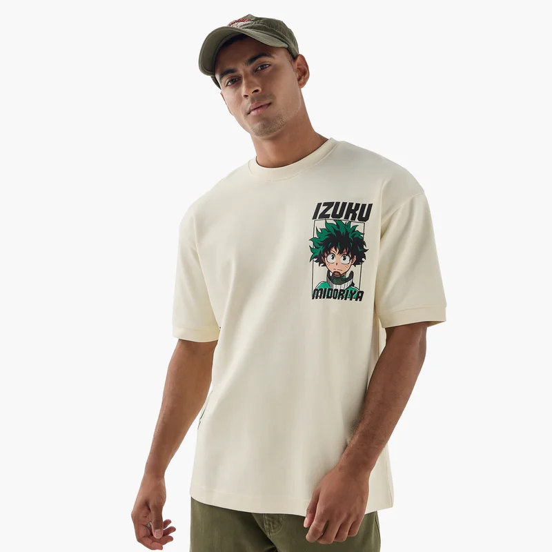 SP Characters Izuku Midoriya Print Crew Neck T-shirt with Short Sleeves