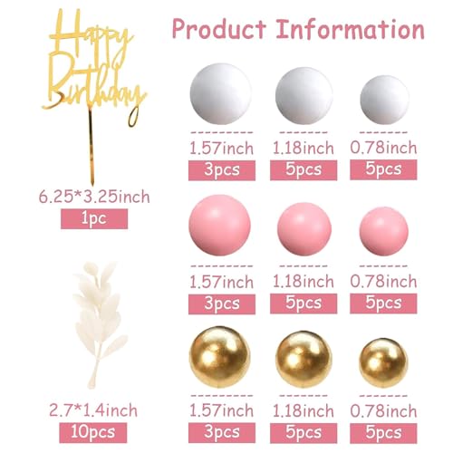 DRWATE Pink Balls Cake Topper Boho Grass Cake topper Pink White Gold Pearl Balls Happy Birthday Cake Decorations for Wedding Baby Shower Birthday Boho Themed Party Supplies (Pink) - Image 2