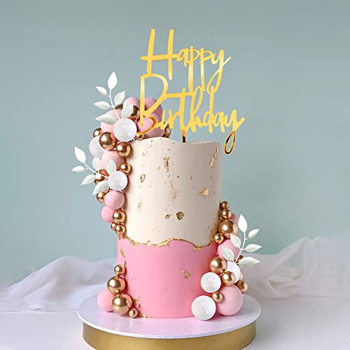 DRWATE Pink Balls Cake Topper Boho Grass Cake topper Pink White Gold Pearl Balls Happy Birthday Cake Decorations for Wedding Baby Shower Birthday Boho Themed Party Supplies (Pink) - Image 4