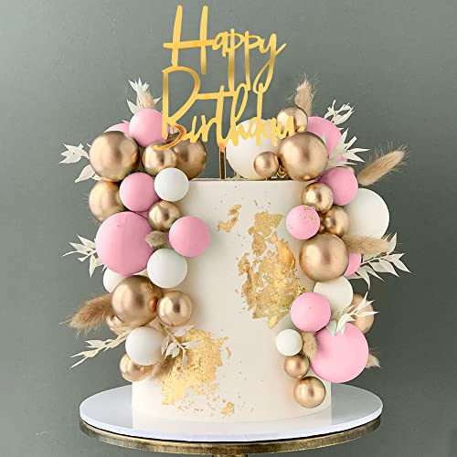 DRWATE Pink Balls Cake Topper Boho Grass Cake topper Pink White Gold Pearl Balls Happy Birthday Cake Decorations for Wedding Baby Shower Birthday Boho Themed Party Supplies (Pink) - Image 1
