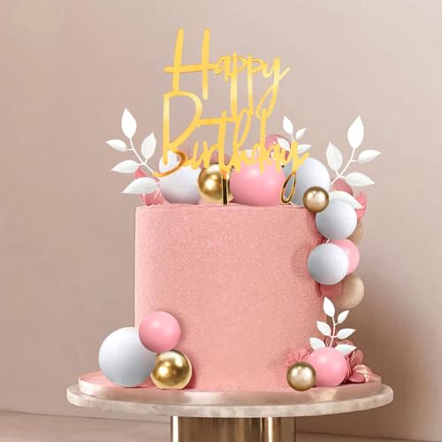 DRWATE Pink Balls Cake Topper Boho Grass Cake topper Pink White Gold Pearl Balls Happy Birthday Cake Decorations for Wedding Baby Shower Birthday Boho Themed Party Supplies (Pink) - Image 3