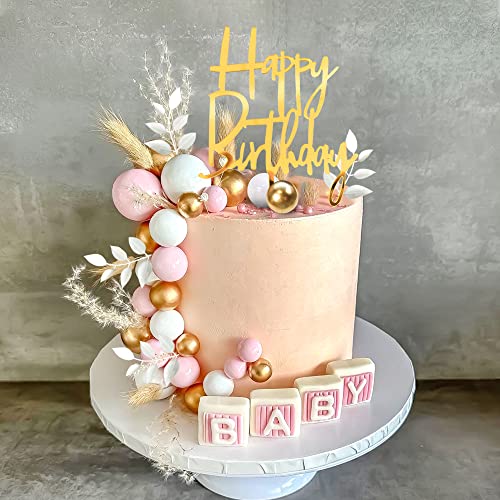 DRWATE Pink Balls Cake Topper Boho Grass Cake topper Pink White Gold Pearl Balls Happy Birthday Cake Decorations for Wedding Baby Shower Birthday Boho Themed Party Supplies (Pink) - Image 5