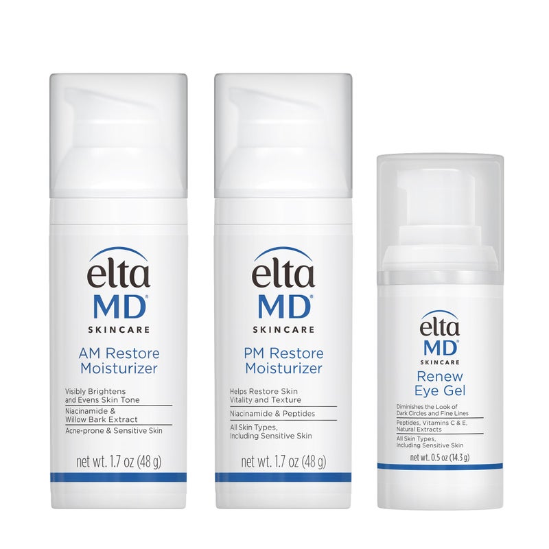 EltaMD Morning and Night Skin Care Kit, AM Restore and PM Restore Facial Moisturizers, Anti-Aging Renew Eye Gel - Image 1