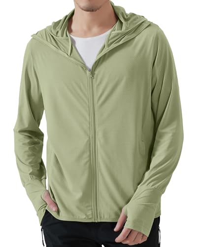 Locachy Mens UPF 50 Sun Protection Outdoor Lightweight Full Zip Hoodie Jacket Long Sleeve Fishing Hiking Performance Shirt Light Green S - Image 1