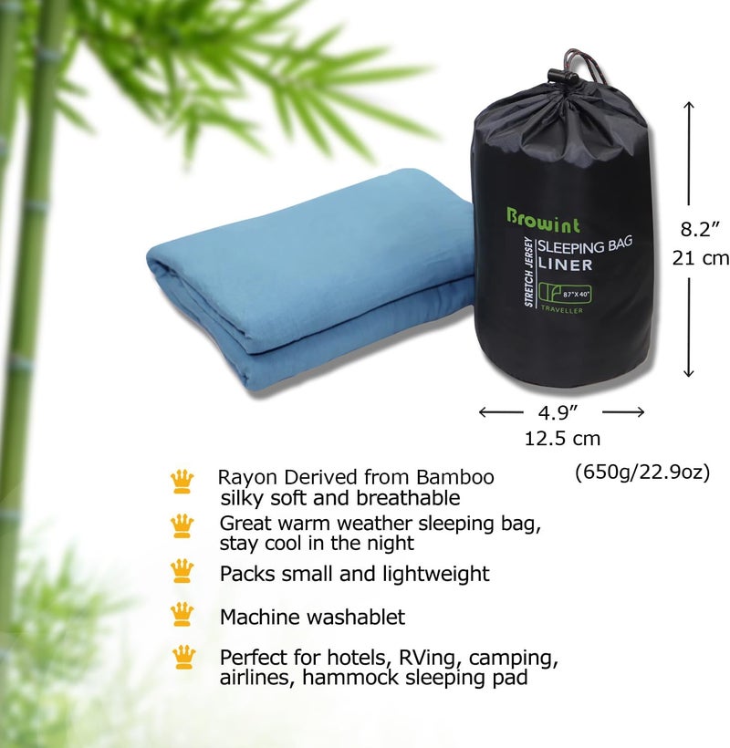BROWINT Travel Sheets for Hotel, Rayon Derived from Bamboo, Stretchy Sleep Sack for Adults, Warm Weather/Summer Sleeping Bag Liner for Camping and Travel, Rectangular with Pillow Pocket, Mummy, Cooling Sheets - Image 3