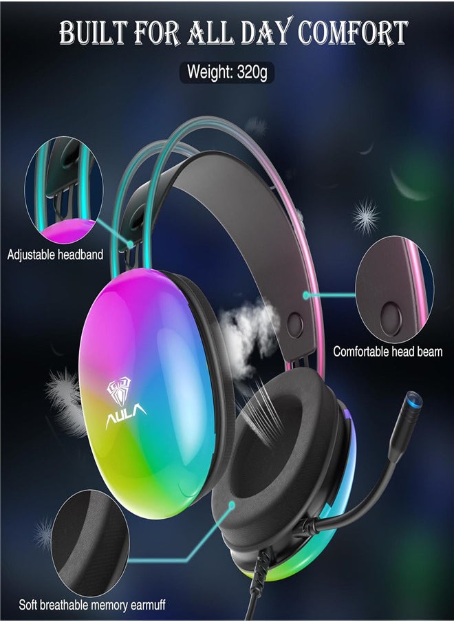 AULA - S505 Gaming Headset with Mic for PC, RGB Rainbow Backlit, Virtual 7.1 Surround Sound, 50mm Driver, Soft Memory Earmuffs, Wired Laptop Desktop Computer Headset - Image 1