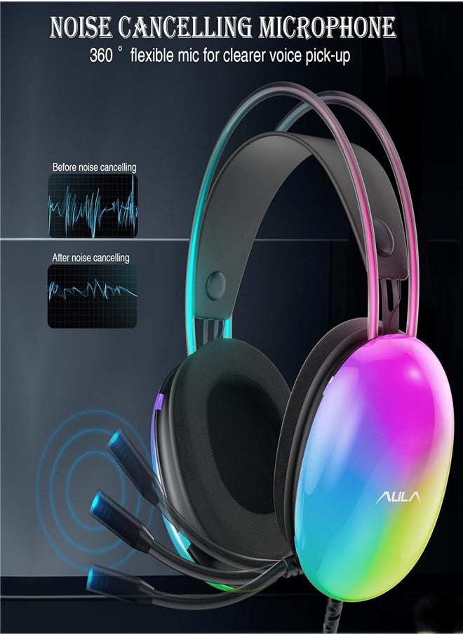 AULA - S505 Gaming Headset with Mic for PC, RGB Rainbow Backlit, Virtual 7.1 Surround Sound, 50mm Driver, Soft Memory Earmuffs, Wired Laptop Desktop Computer Headset - Image 1