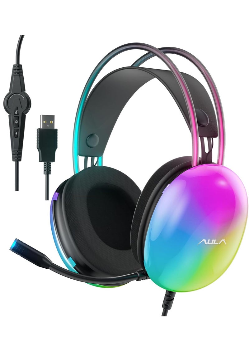 AULA - S505 Gaming Headset with Mic for PC, RGB Rainbow Backlit, Virtual 7.1 Surround Sound, 50mm Driver, Soft Memory Earmuffs, Wired Laptop Desktop Computer Headset - Image 1